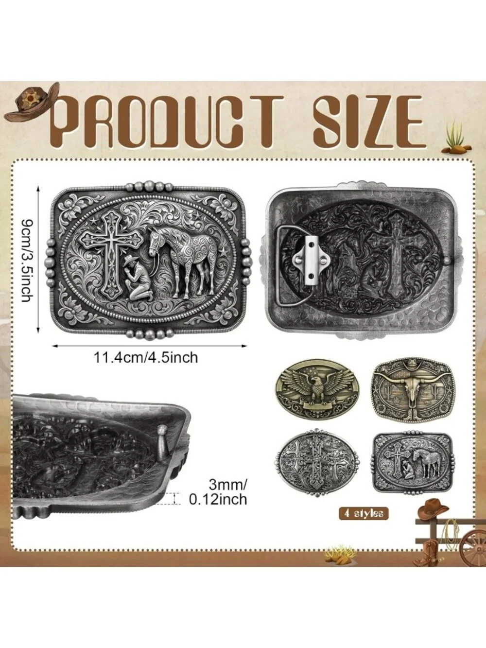 Vintage Western Belt Buckle Set - 4 Pcs Cowboy Style with Longhorn, Cross